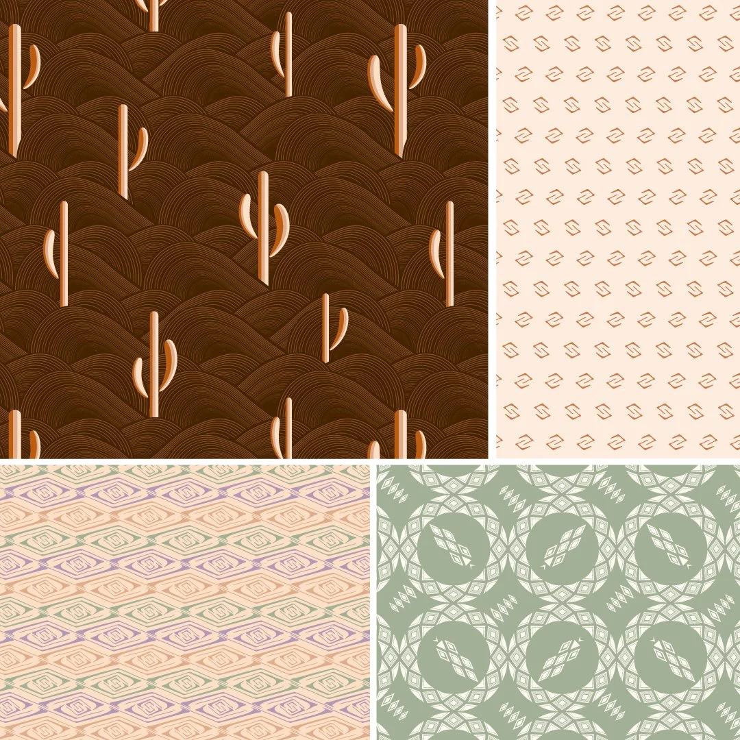 Set of four patterned designs with geometric and nature-inspired motifs, including stylized hills and leaves, in earthy tones of brown, beige, green, and pastel colors.