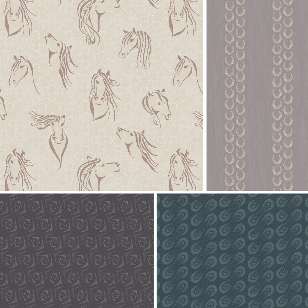 Four patterned sections: top left with stylized horse heads on a beige background, top right with vertical rows of crescent shapes on a gray background, bottom left with a geometric pattern of squares and swirls in dark tones, bottom right with a wavy swirl pattern in shades of blue