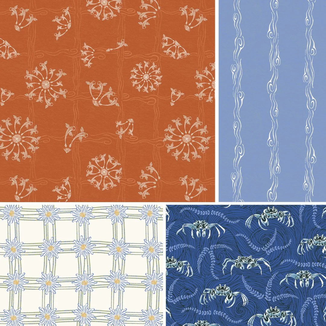 A collage of four patterned backgrounds featuring floral and ocean themes in shades of orange, blue, and white.
