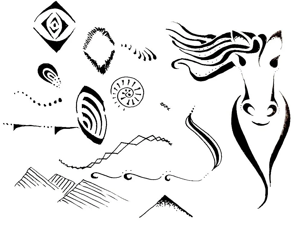Black and white abstract drawing featuring a horse's head with flowing mane and various geometric shapes and patterns.