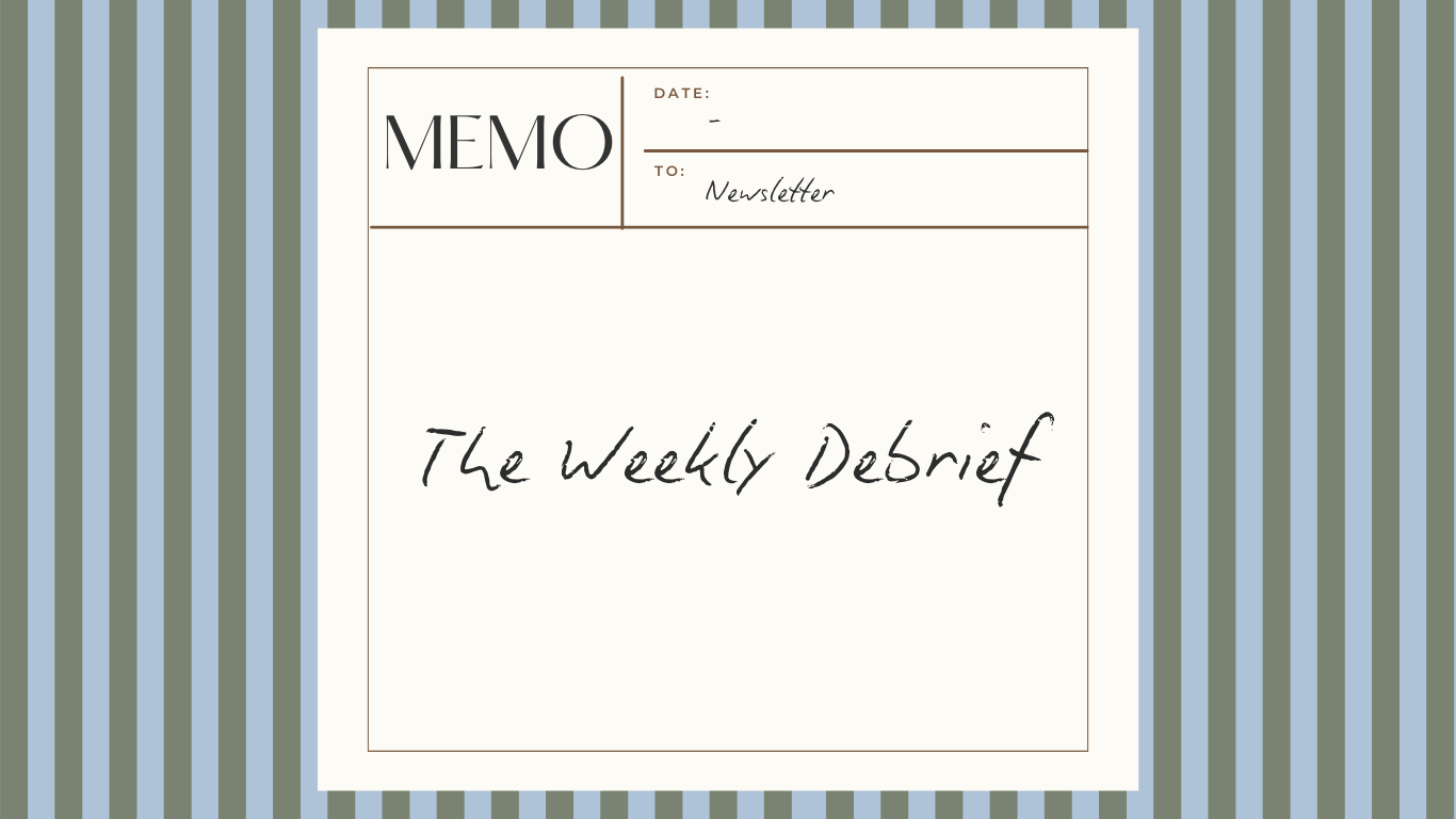 A memo pad with a striped blue and gray background. The memo has a section for date, to: newsletter, and a large area with handwritten text that reads "The Weekly Desrib".