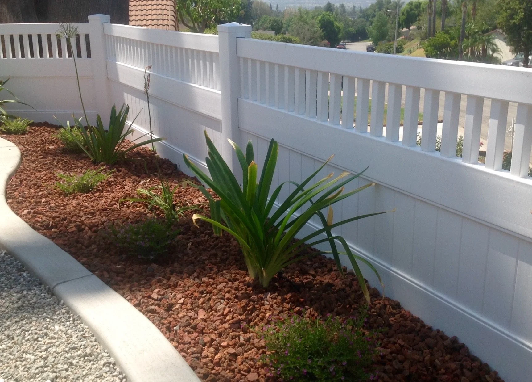 Santa Ana landscaped backyard with white vinyl fence, red mulch and lush green plants along border, with trees and houses beyond, illustrating durable vinyl fences and gates for Orange County gardens.