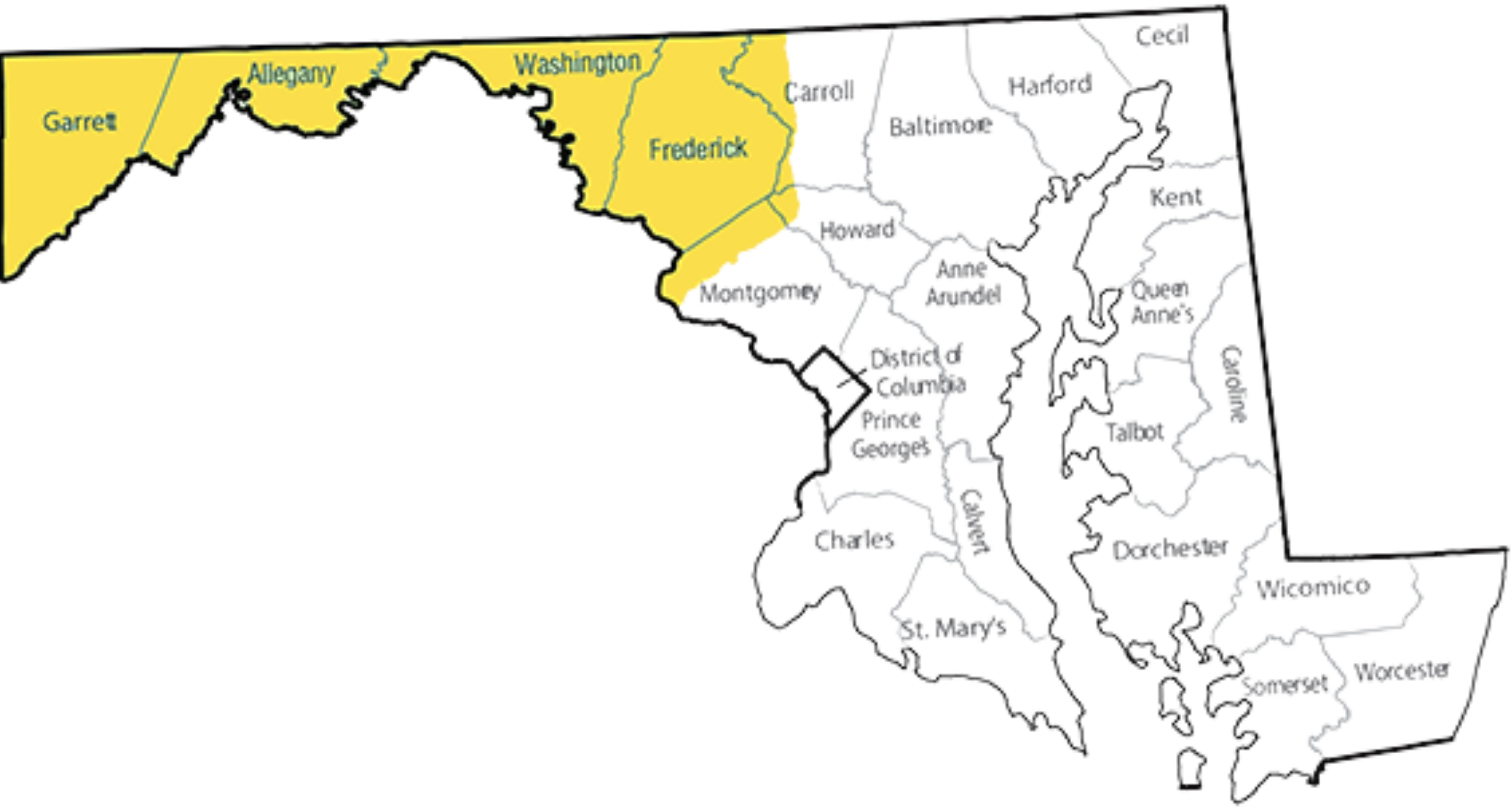 Map of the state of Illinois highlighting counties in yellow, including Garret, Allegany, Washington, and Frederick.