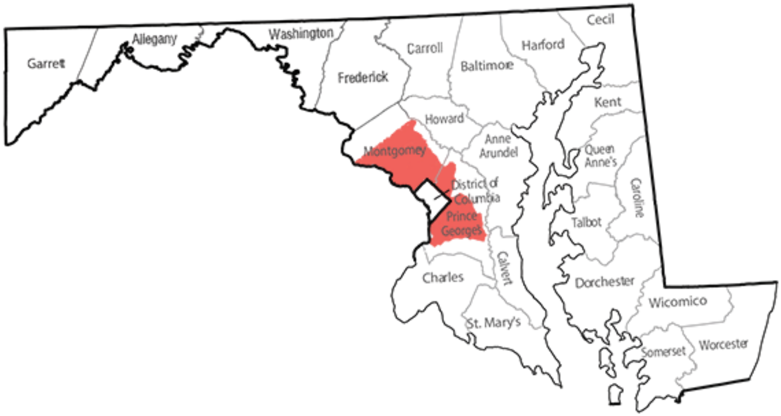 Map of Washington D.C. with neighborhoods highlighted in red including Montgomery, Capitol Hill, and Prince George's.