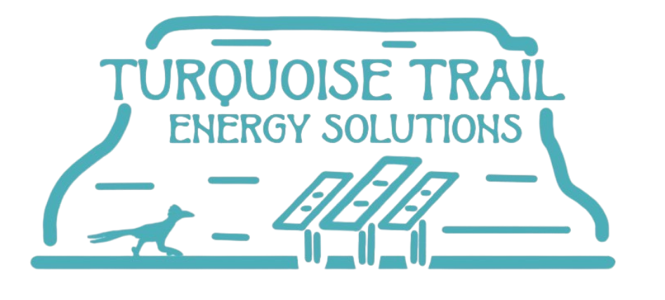 Logo for Turquoise Trail Energy Solutions featuring a dog, solar panels, and the company name in blue text.