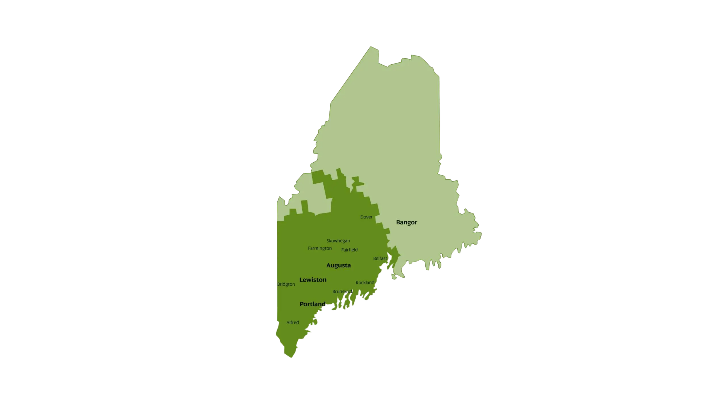 Map of Maine showing counties and major cities, with color-coded regions in various shades of green.