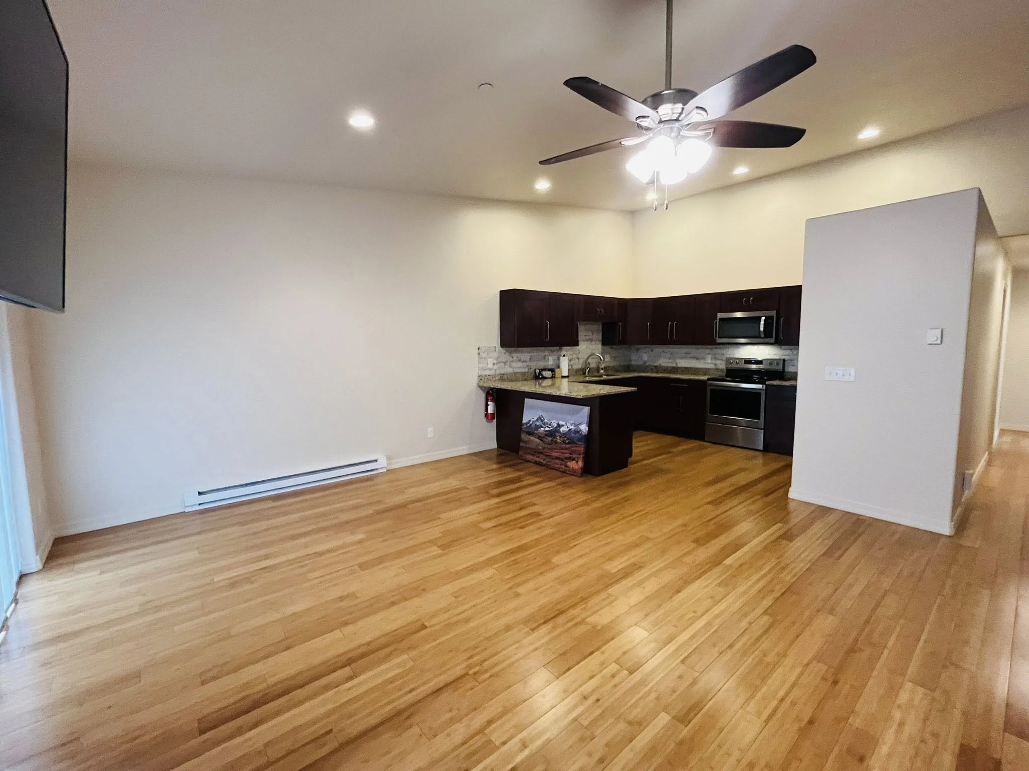 Empty living space with hardwood floors, a ceiling fan with lights, and a kitchen area with dark cabinets, granite countertops, stainless steel appliances, and a wall-mounted television.