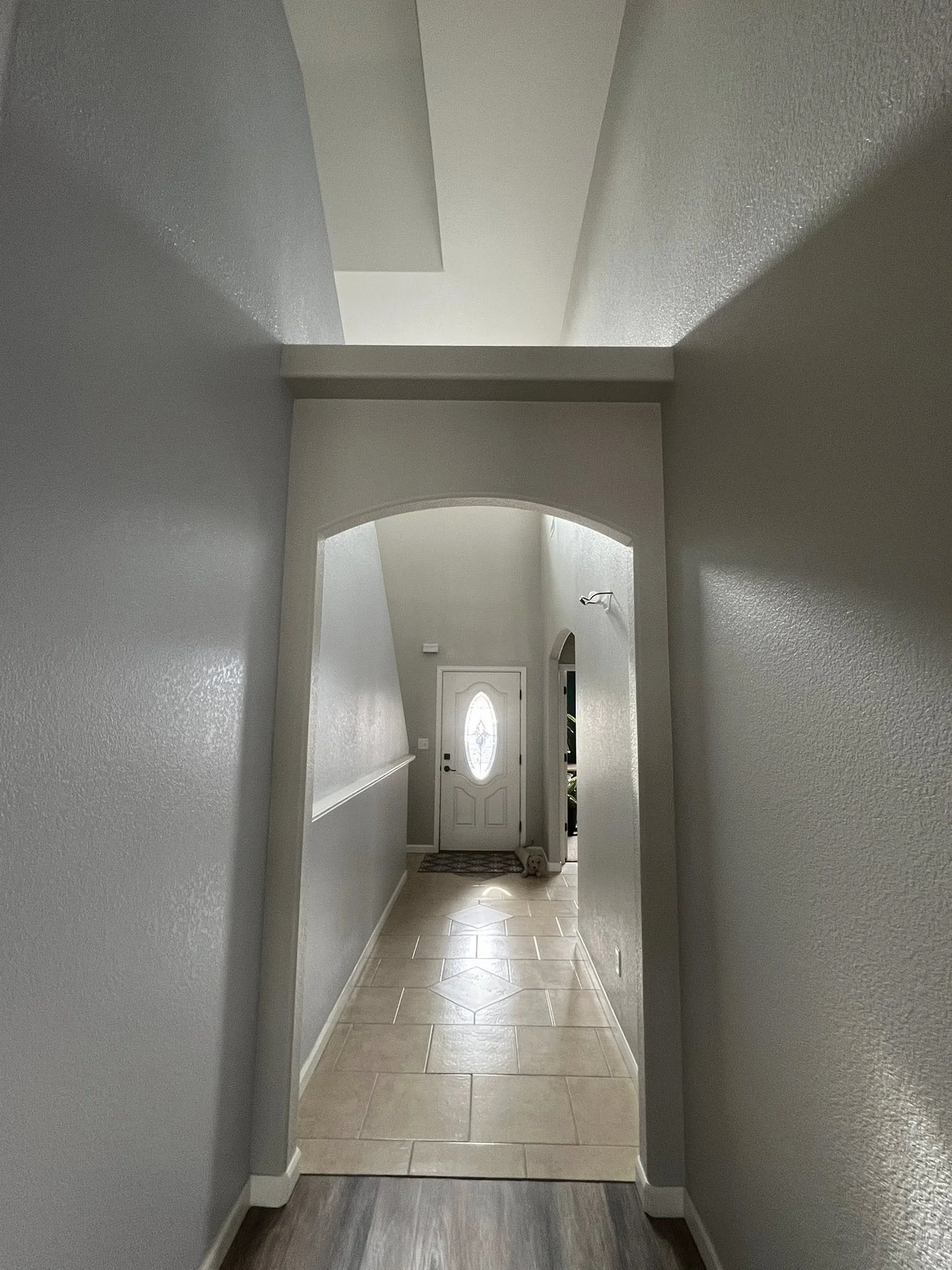 View of a hallway with a tiled floor, leading to a front door with an oval glass window, with a small dog sitting in front of the door.