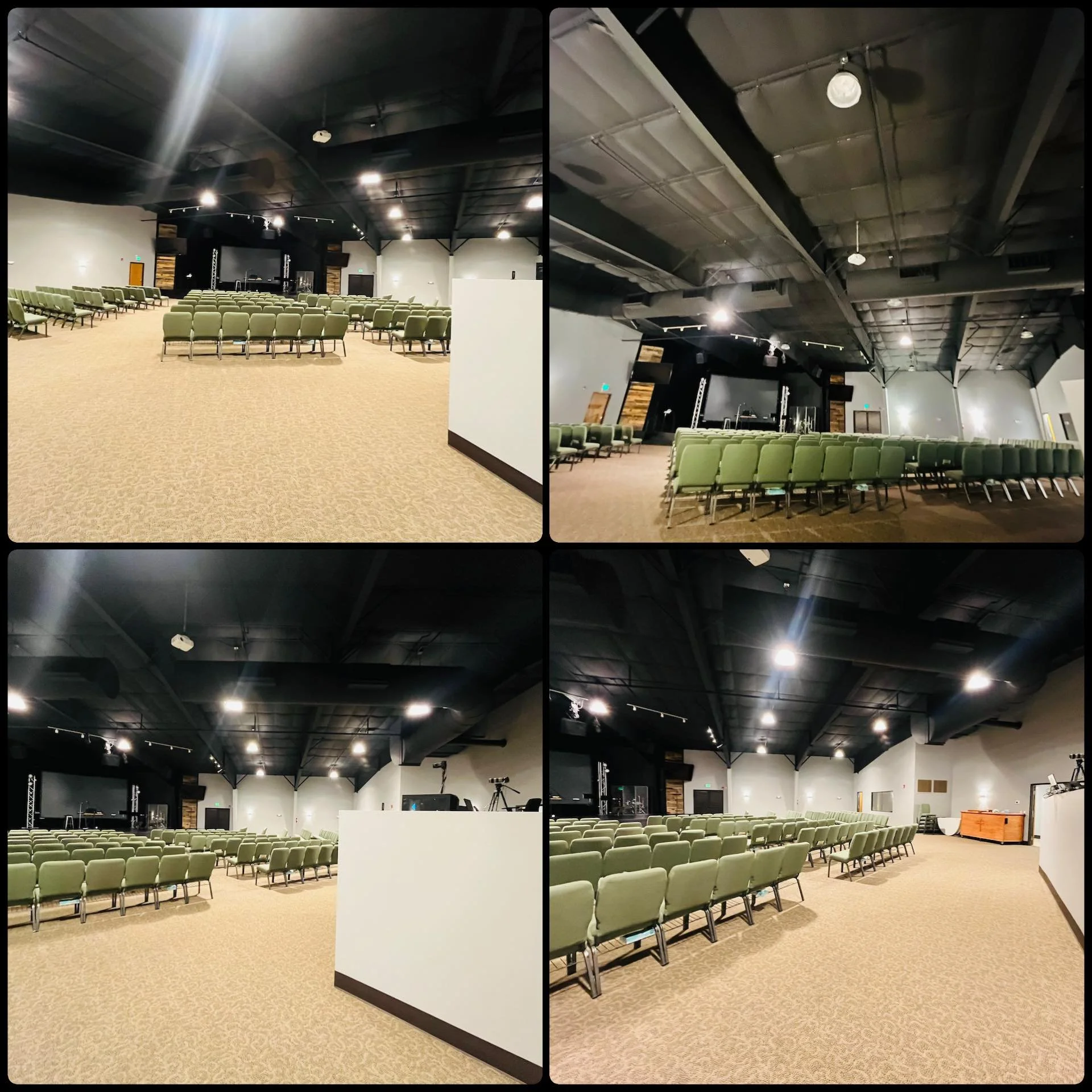 A collage of four images showing an empty indoor auditorium or conference room with rows of green chairs facing a stage. The ceiling is black with lights, and the floor is carpeted. The stage is in front with equipment and a black backdrop.
