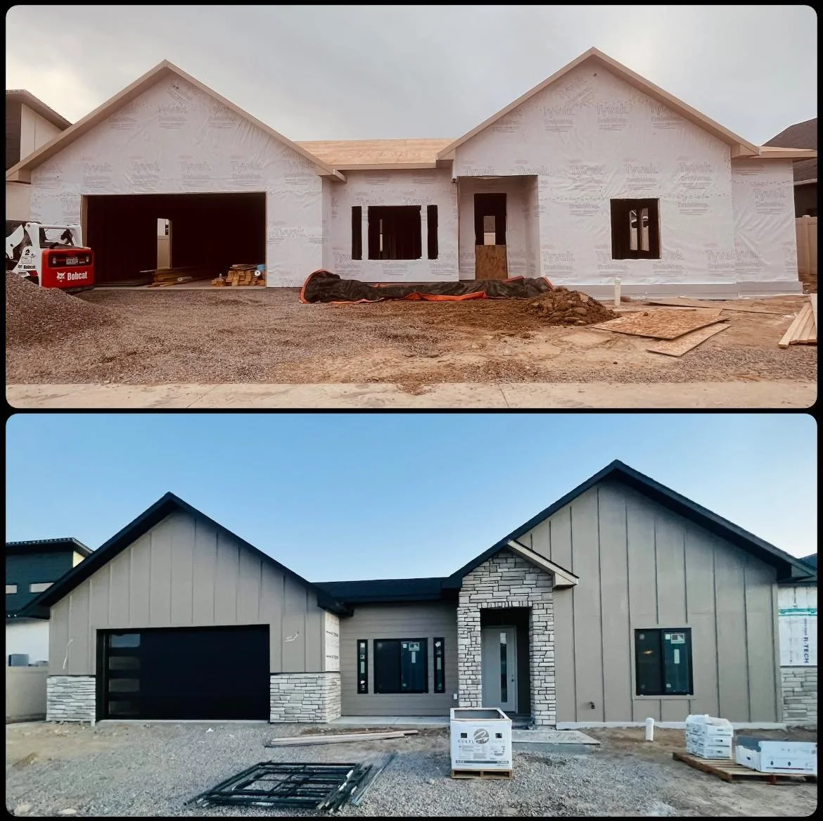 Side-by-side comparison of a house under construction with the exterior finished and the house in framing stage.