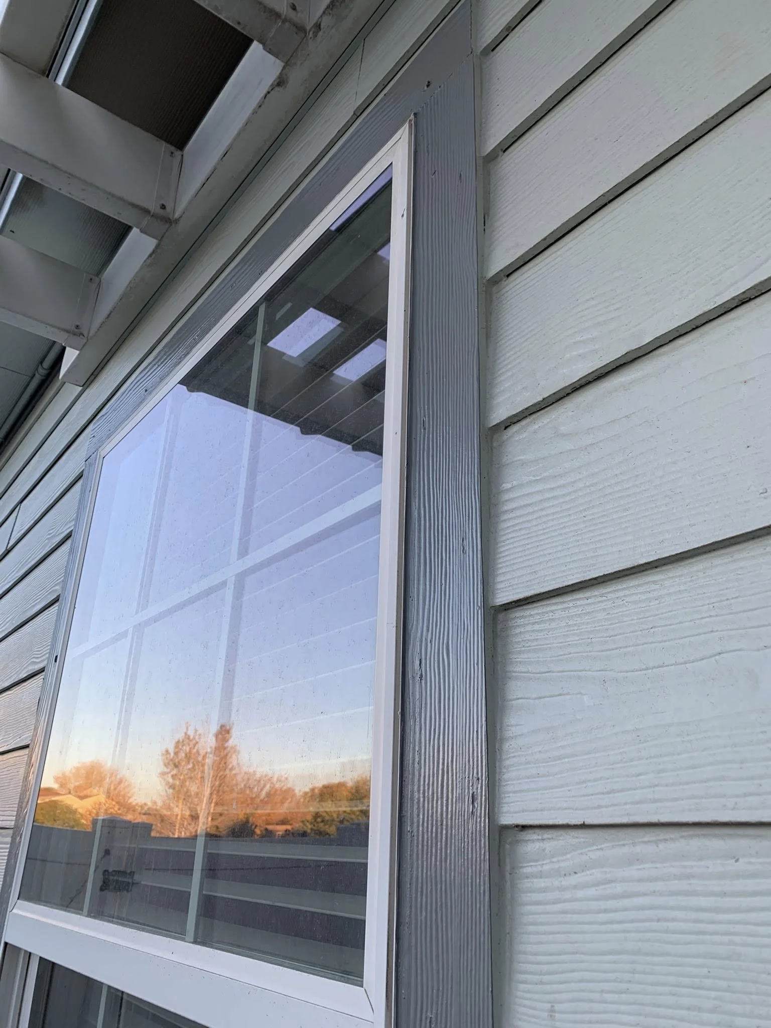 Close-up of a residential window with vinyl frame, outside siding, and reflection of trees and sky.