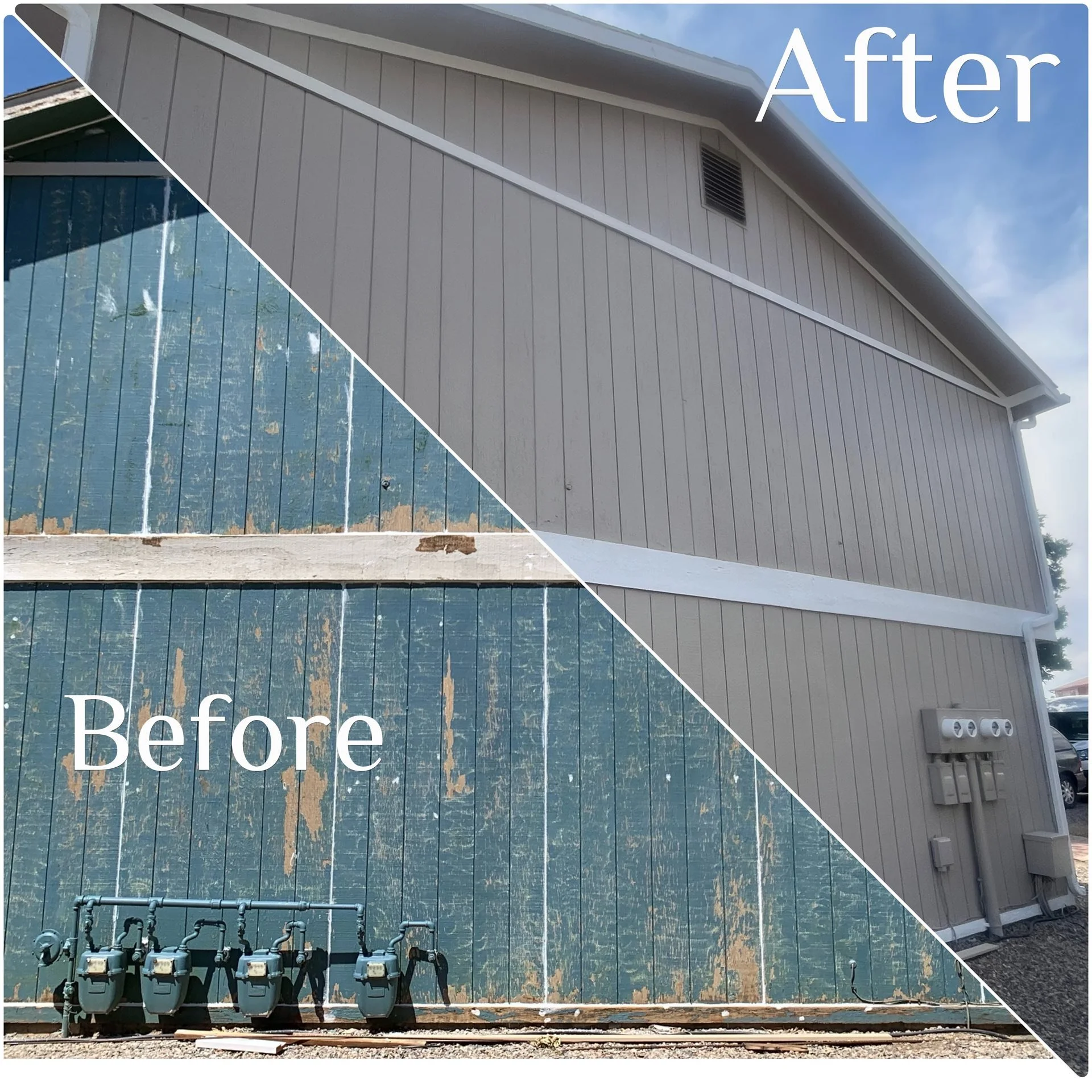 Side-by-side comparison of a house exterior before and after renovation. The 'Before' side shows a weathered, teal-painted wooden wall with chipped paint and four utility meters. The 'After' side shows the same wall after being resurfaced with beige
