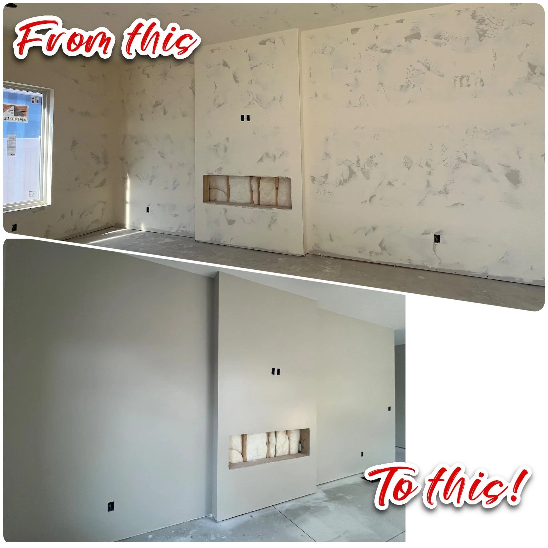 Comparison of a room under construction before and after drywall installation, showing the transformation from unfinished walls with insulation to finished painted walls.