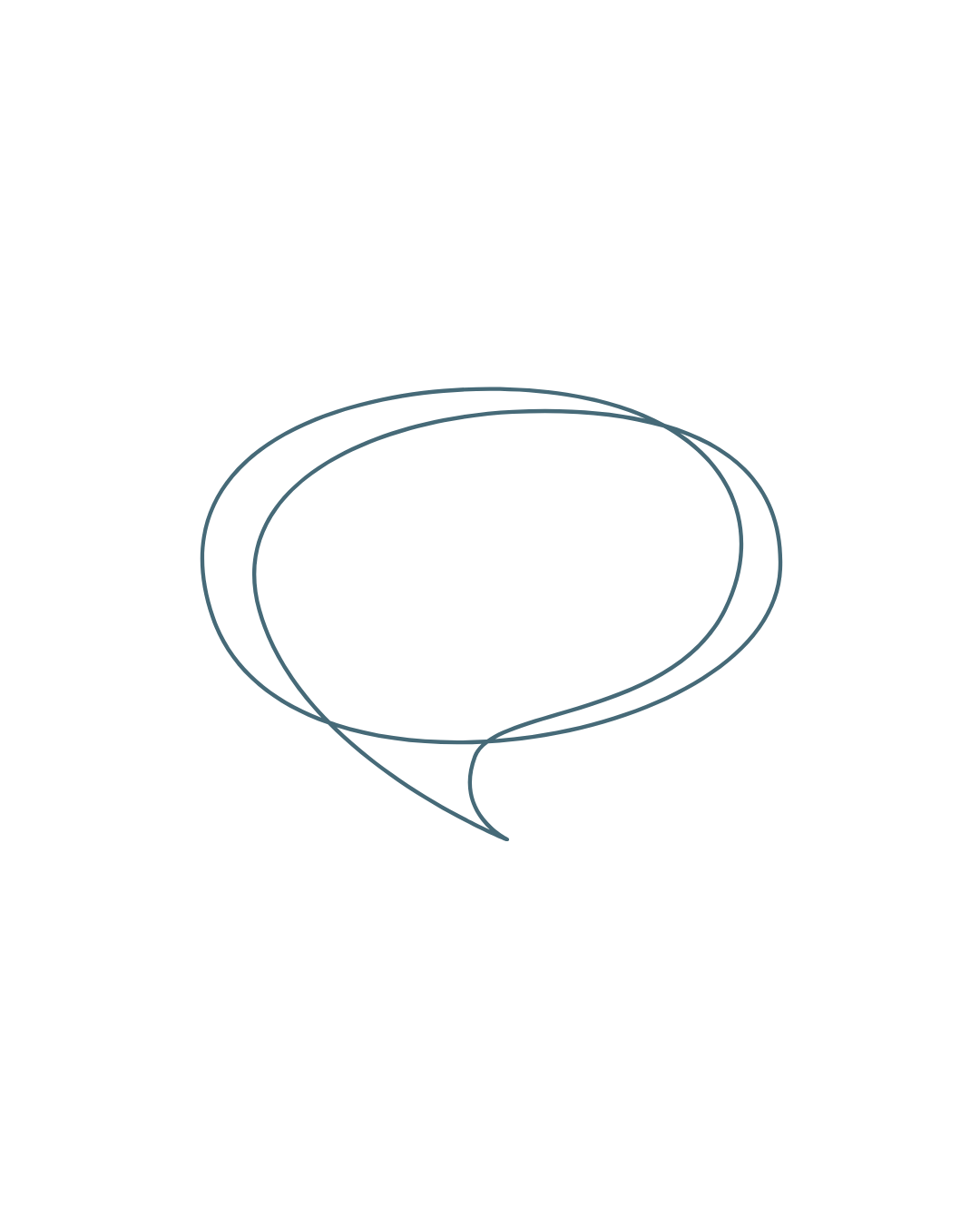 Black background with a large empty speech bubble outline and an abstract figure with a tag hanging from its head.