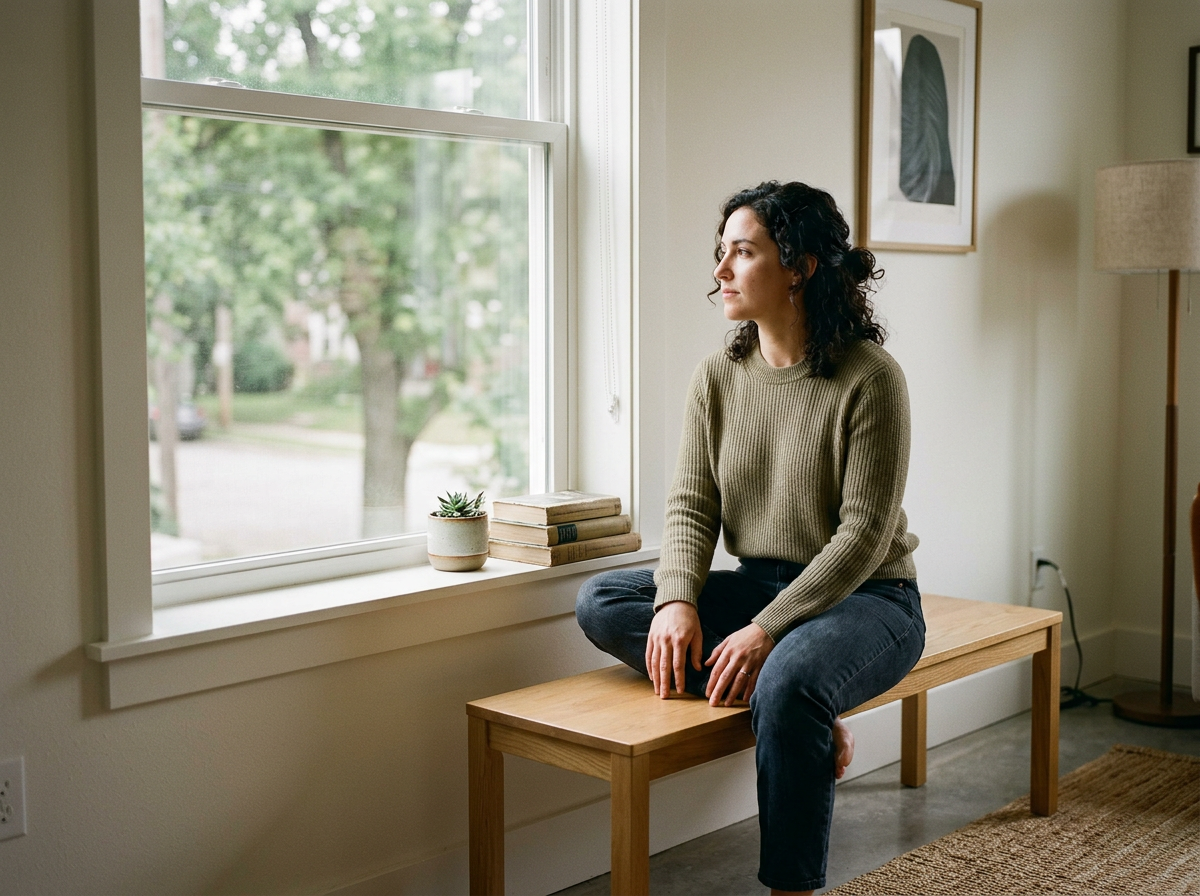 Woman pausing at home, illustrating an article on trauma response symptoms for readers in Tyngsborough, Massachusetts.