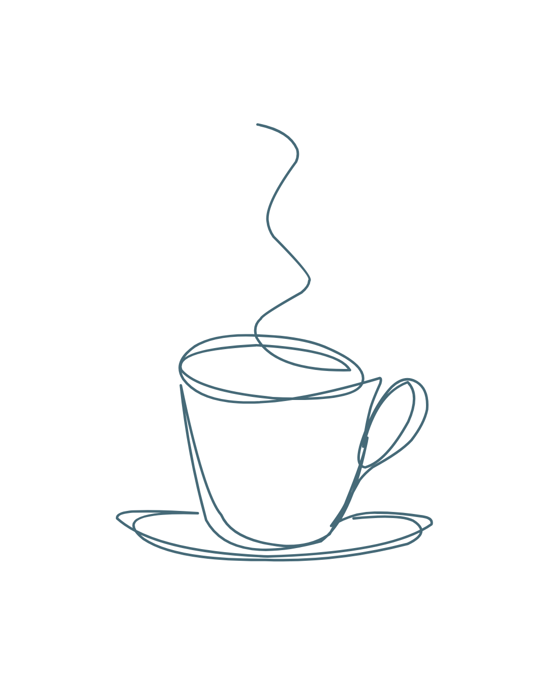 Line drawing of a steaming coffee cup on a saucer.