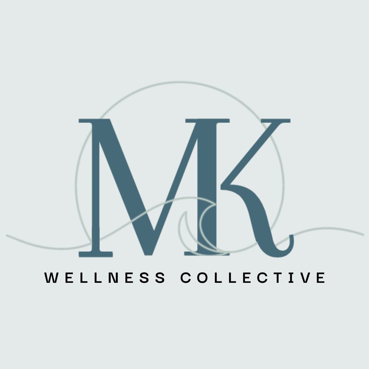 Centered logo for Wellness Collective with large overlapping M and K letters, decorative swirl designs, and the words 'WELLNESS COLLECTIVE' in black text below.