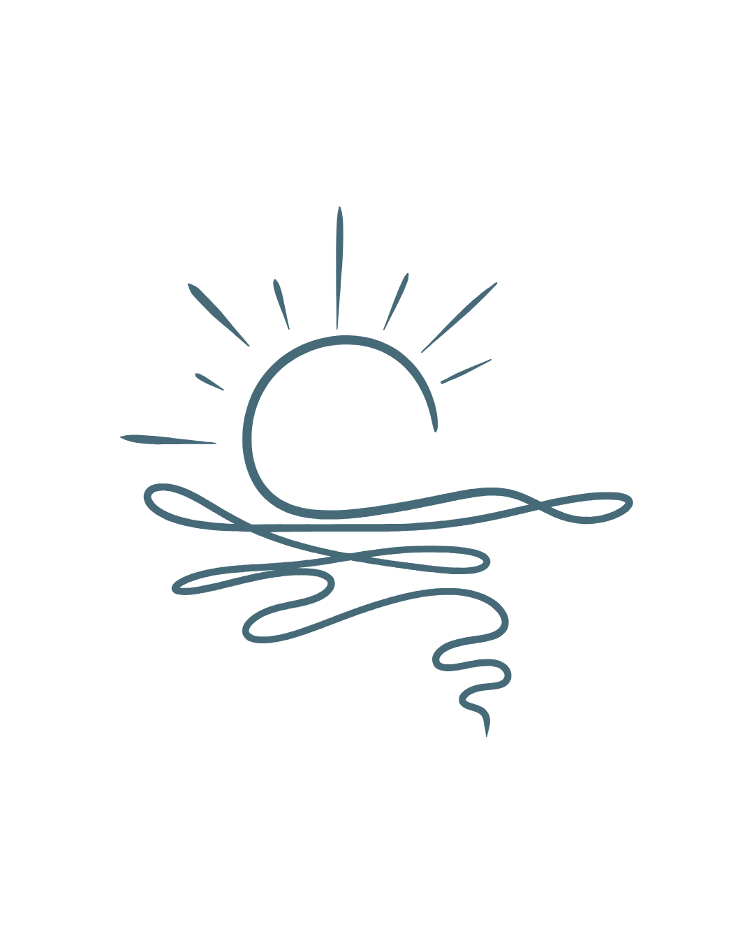 Simple line drawing of a sunrise over water with a horizon and rays of sunlight emanating from the sun.