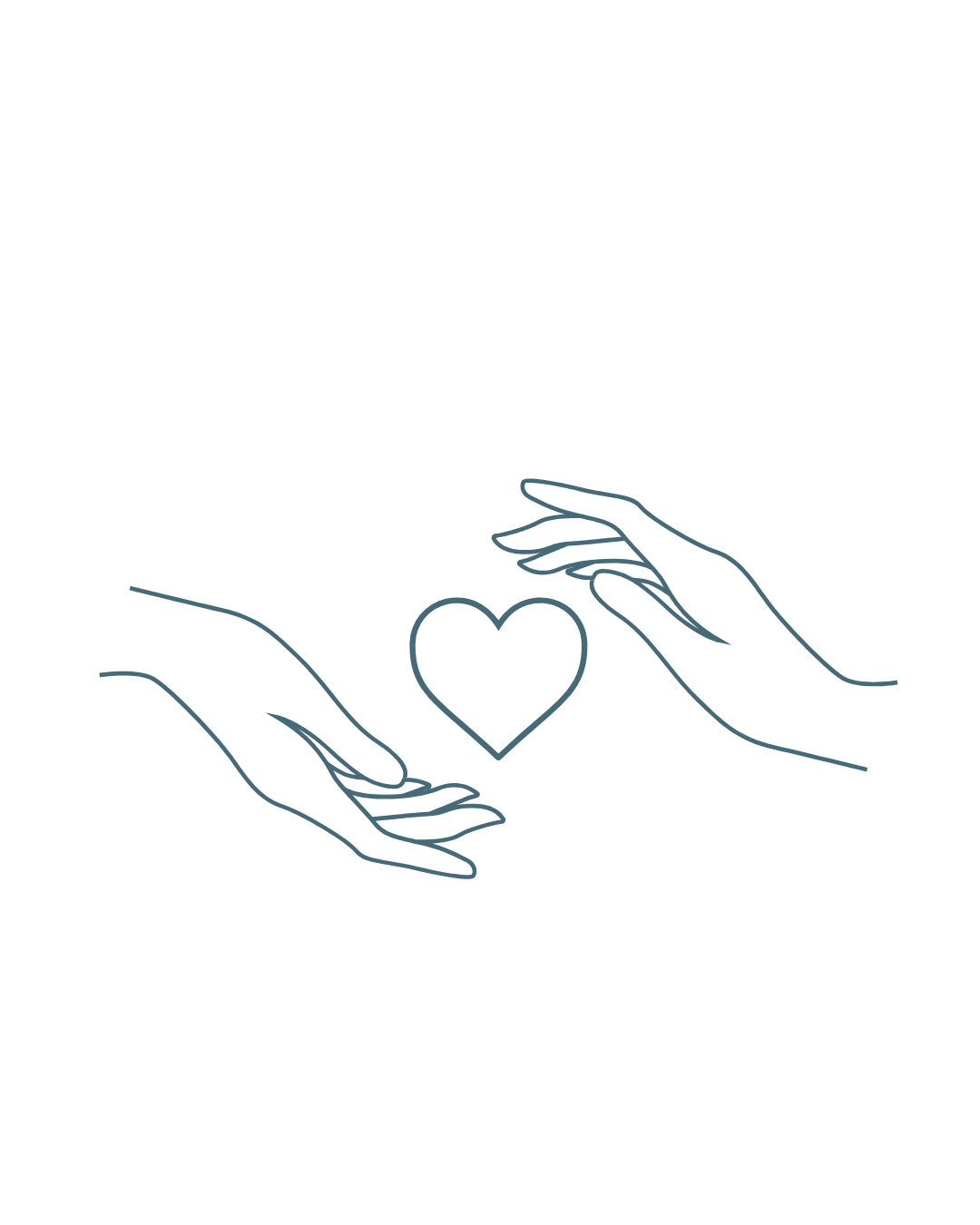 Minimalist line drawing of two hands surrounding a heart.