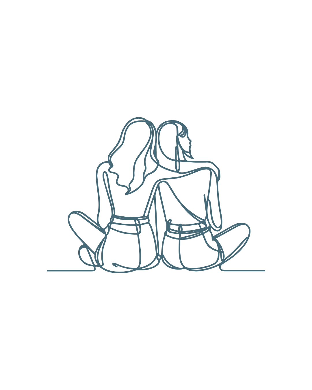 Line art of two women sitting back to back, drawn with continuous line style.