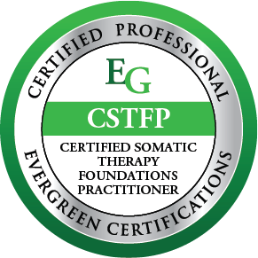 A circular certification badge with green, black, gray, and white colors. It features the text 'Certified Professional Evergreen Certifications' around the outer edge and 'Certified Somatic Therapy Foundations Practitioner' in the center, with the initials 'EG' and 'CSTFP' in the middle.