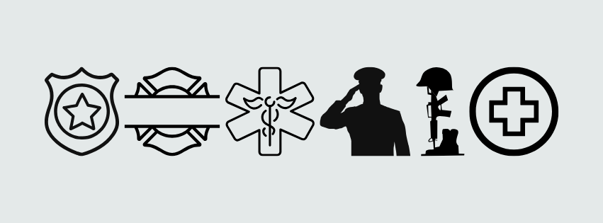 Collection of black and white medical and emergency service icons, including a police badge, helicopter, medical star of life, saluting soldier, fallen soldier, and medical cross.