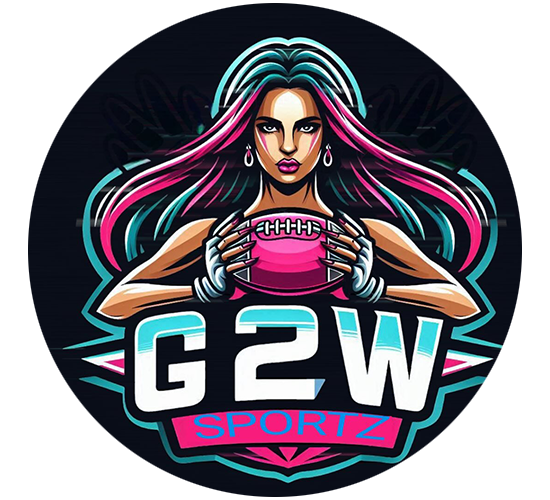 A digital illustration of a fierce woman with multicolored hair holding a football, with the text 'G2W SPORTZ' below.