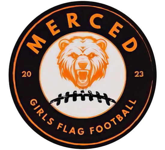 A circular emblem for Mercered Girls Flag Football, featuring a roaring lion's head, the words 'MERCER' at the top, 'GIRLS FLAG FOOTBALL' at the bottom, and the year '2023' on either side.