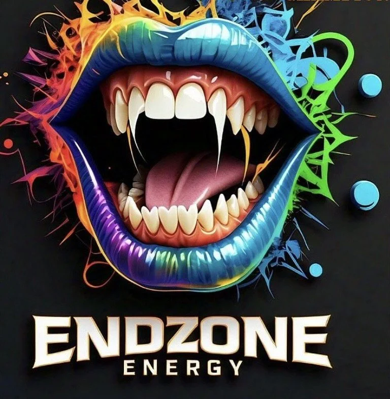 Colorful graffiti-style artwork of a large open mouth with fangs, surrounded by vibrant splashes of graffiti in various colors, with the text "ENDZONE ENERGY" below.