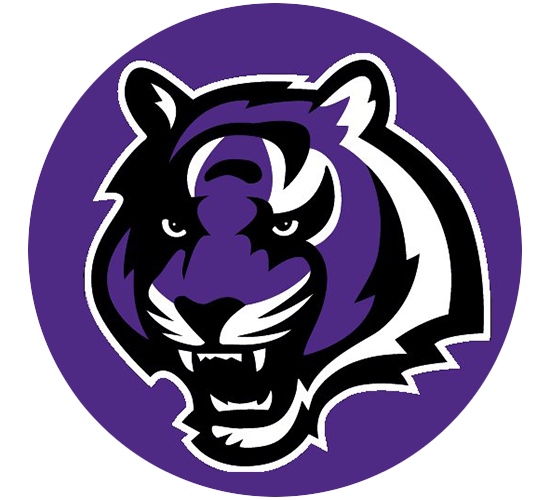 Stylized tiger head logo with black, white, and purple colors on a purple background.