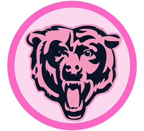 A stylized illustration of a roaring tiger's face in black and pink, with a pink circular background and a pink outer border.