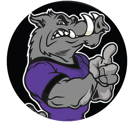 Cartoon boar wearing a purple shirt pointing with his thumb.