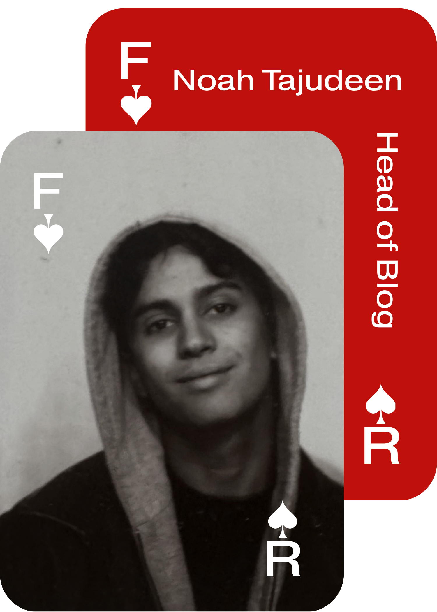 Black and white photograph of a woman with straight dark hair, smiling slightly, wearing a hooded garment, with the image framed as a playing card with red and white suit symbols and text indicating the name "Noah Tajudeen" and the title "Head of Blog".