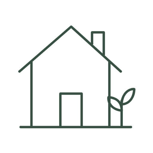 Line drawing of a house with a door, a chimney, and a small plant next to it.