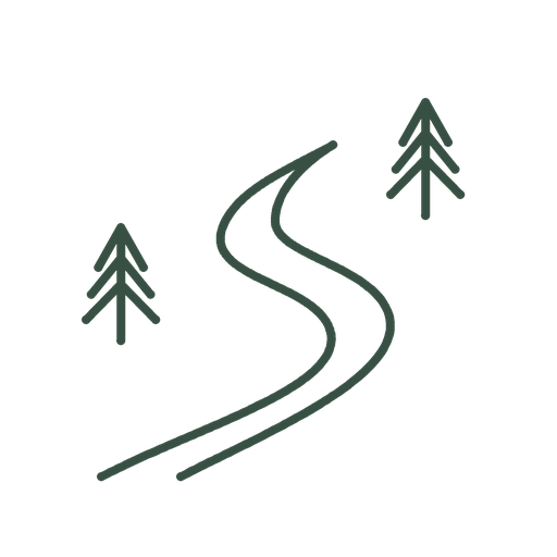 A simple line drawing of a winding road with two pine trees on either side.