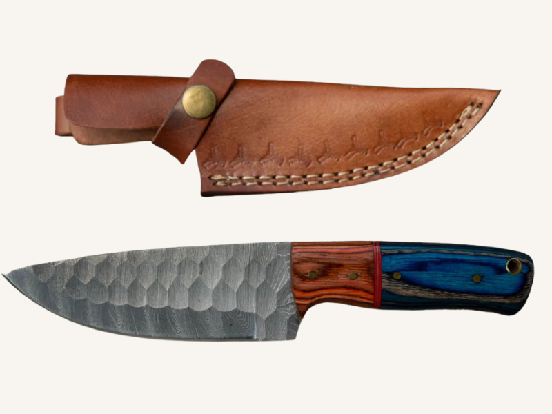 Hand-Forged Damascus Utility Knife | Engravable Leather Sheath