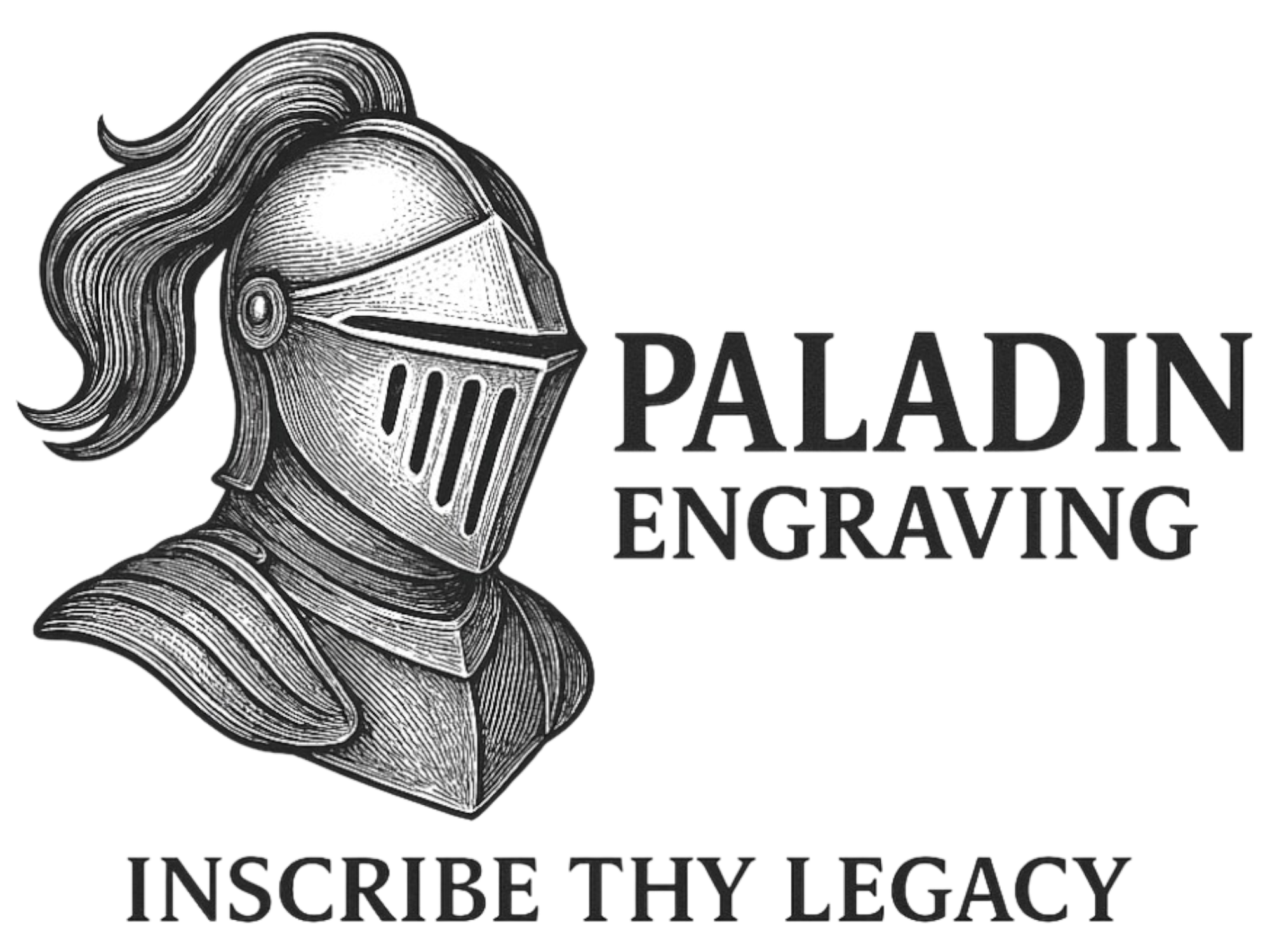 Black and white logo featuring a medieval knight's helmet with a flowing crest, and text that reads 'Paladin Engraving' and 'Inscribe Thy Legacy'.