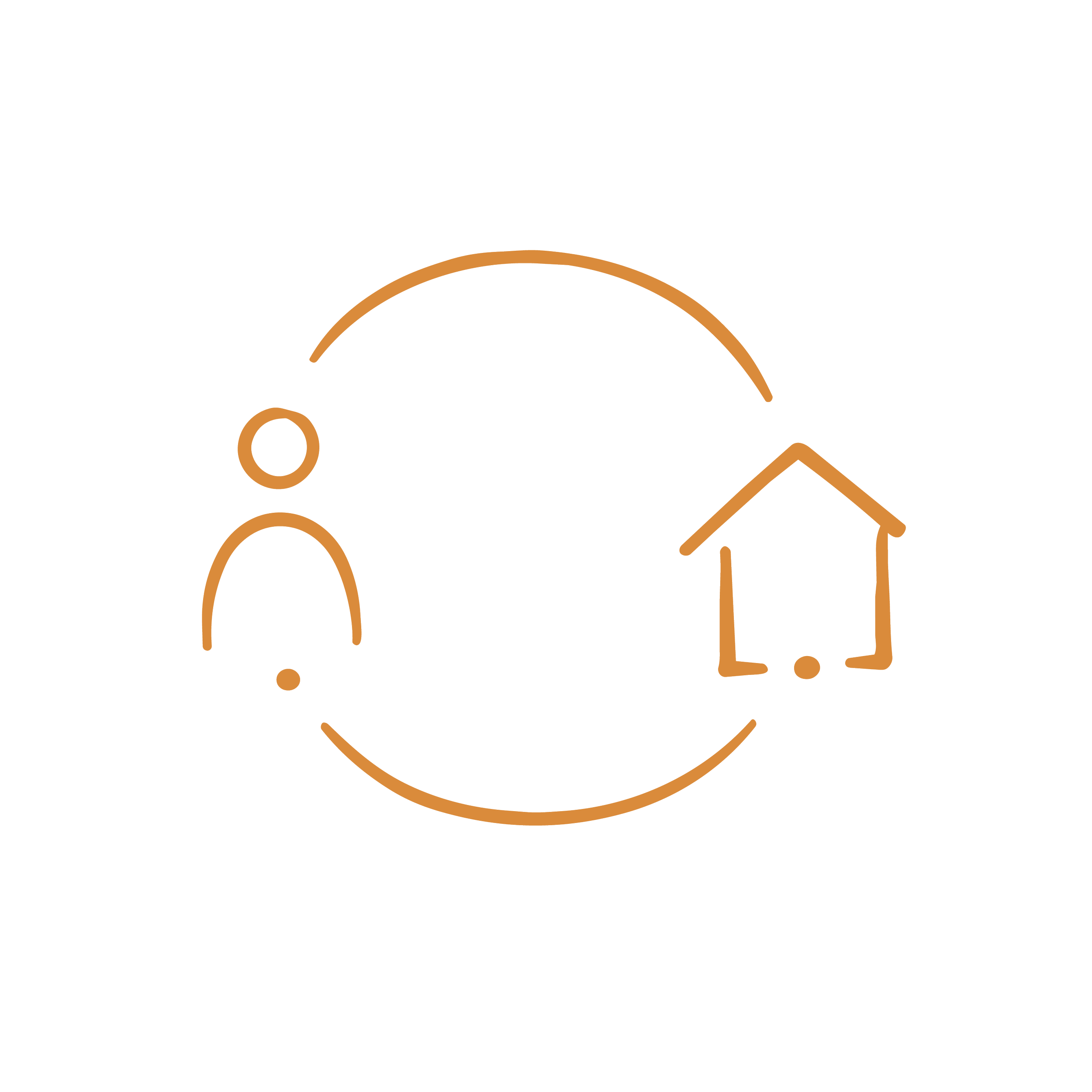 Simple line drawing of a house with a door, a window, and a triangular roof, along with a tree, a sun, and grass.