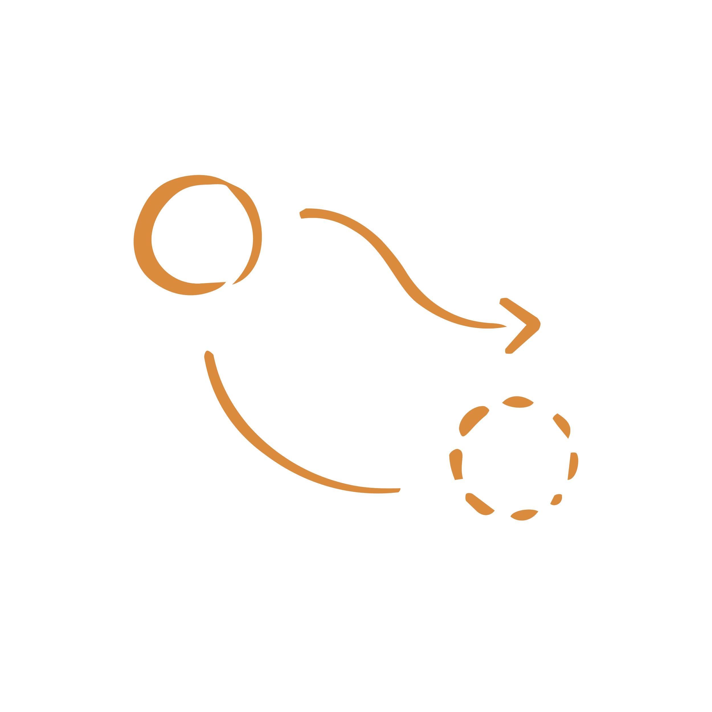 A minimalist line drawing of a person sitting on a stool with a tablet or laptop, with long hair, facing slightly to the left, with a brown circle around the head.