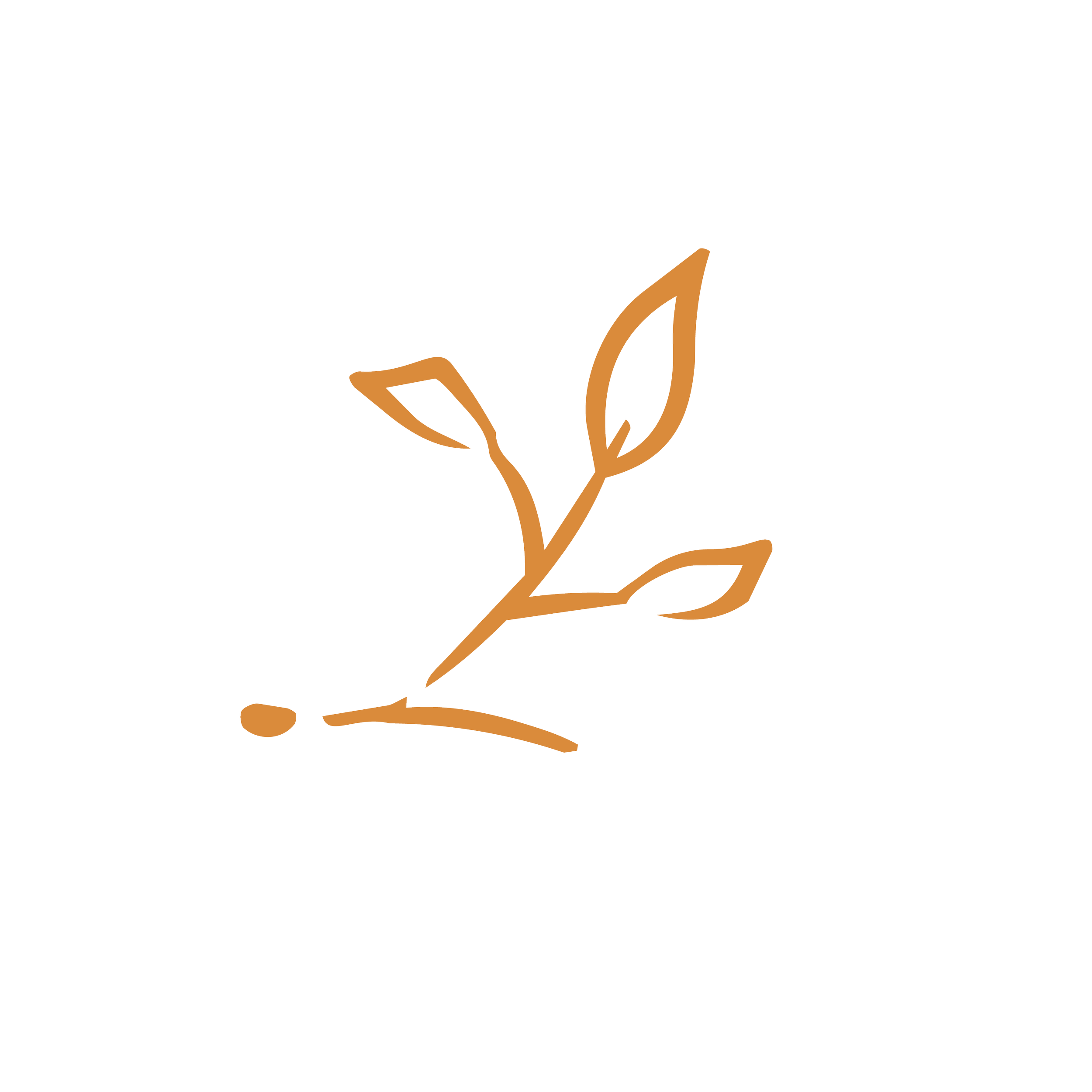 Line drawing of a hand holding a sprouting plant with two leaves.