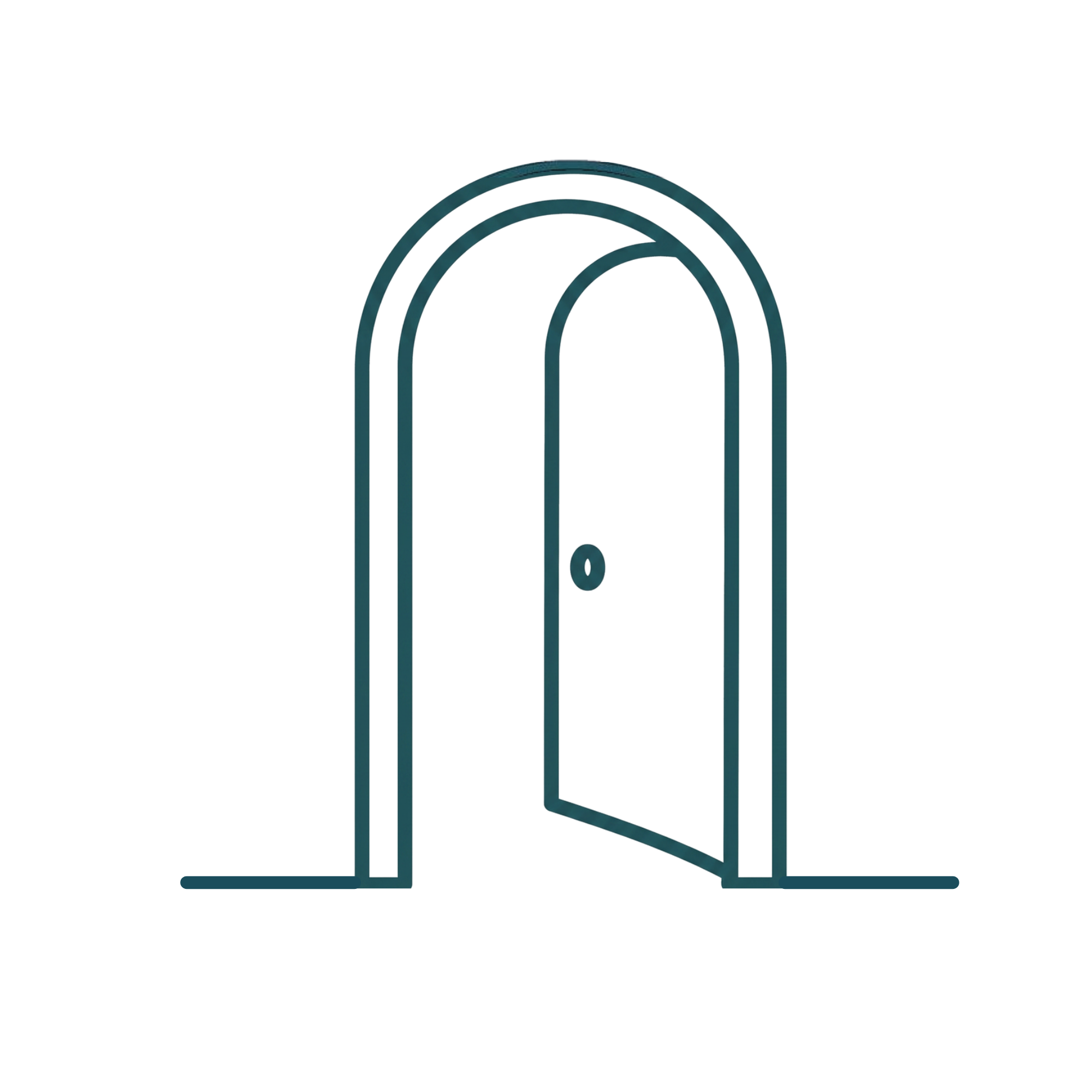 Neon outline of a door with an arched top, glowing red and blue, set against a dark background.