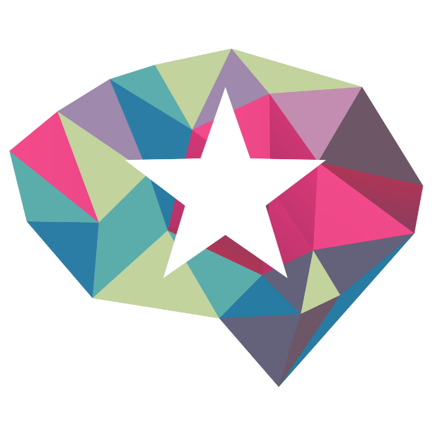 A colorful, faceted gemstone with a white star shape overlay in the center