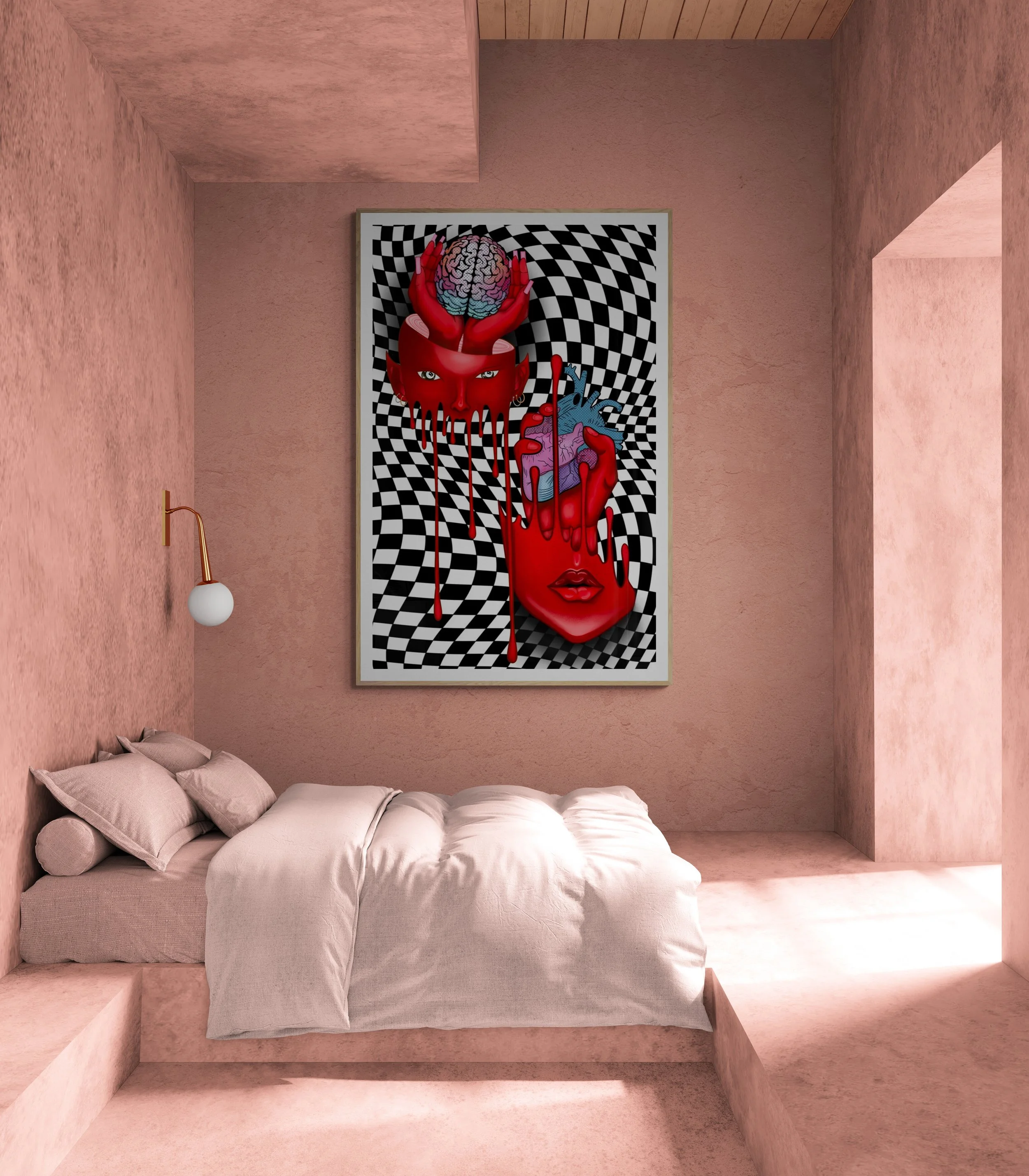 A bedroom with pink textured walls and a bed with white bedding and pillows. On the wall above the bed hangs a surreal artwork featuring a red melting face, a heart, a brain, and a checkered background.