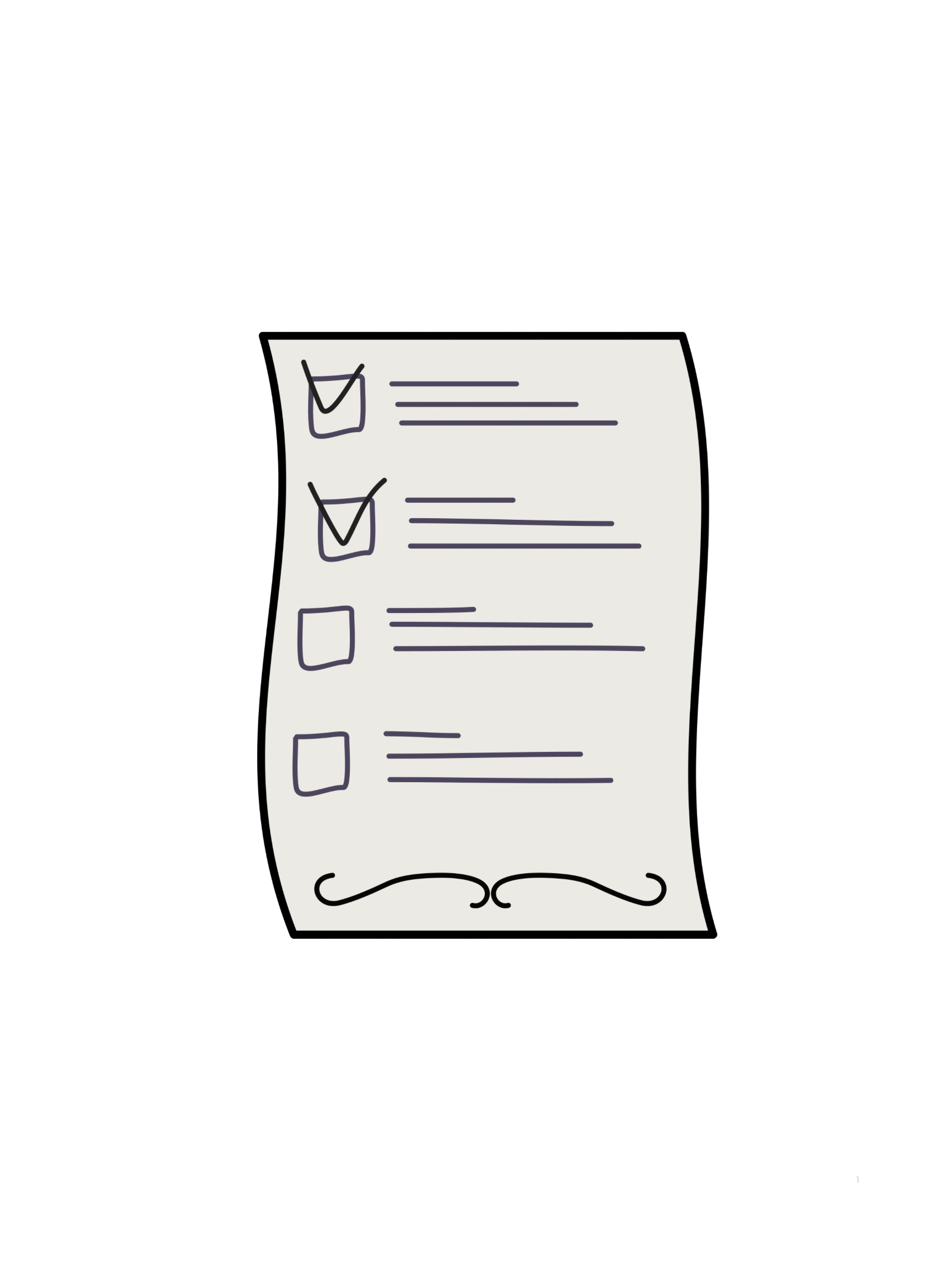 Illustration of a checklist with four items, the first two items are checked off with check marks, and the last two are unchecked.