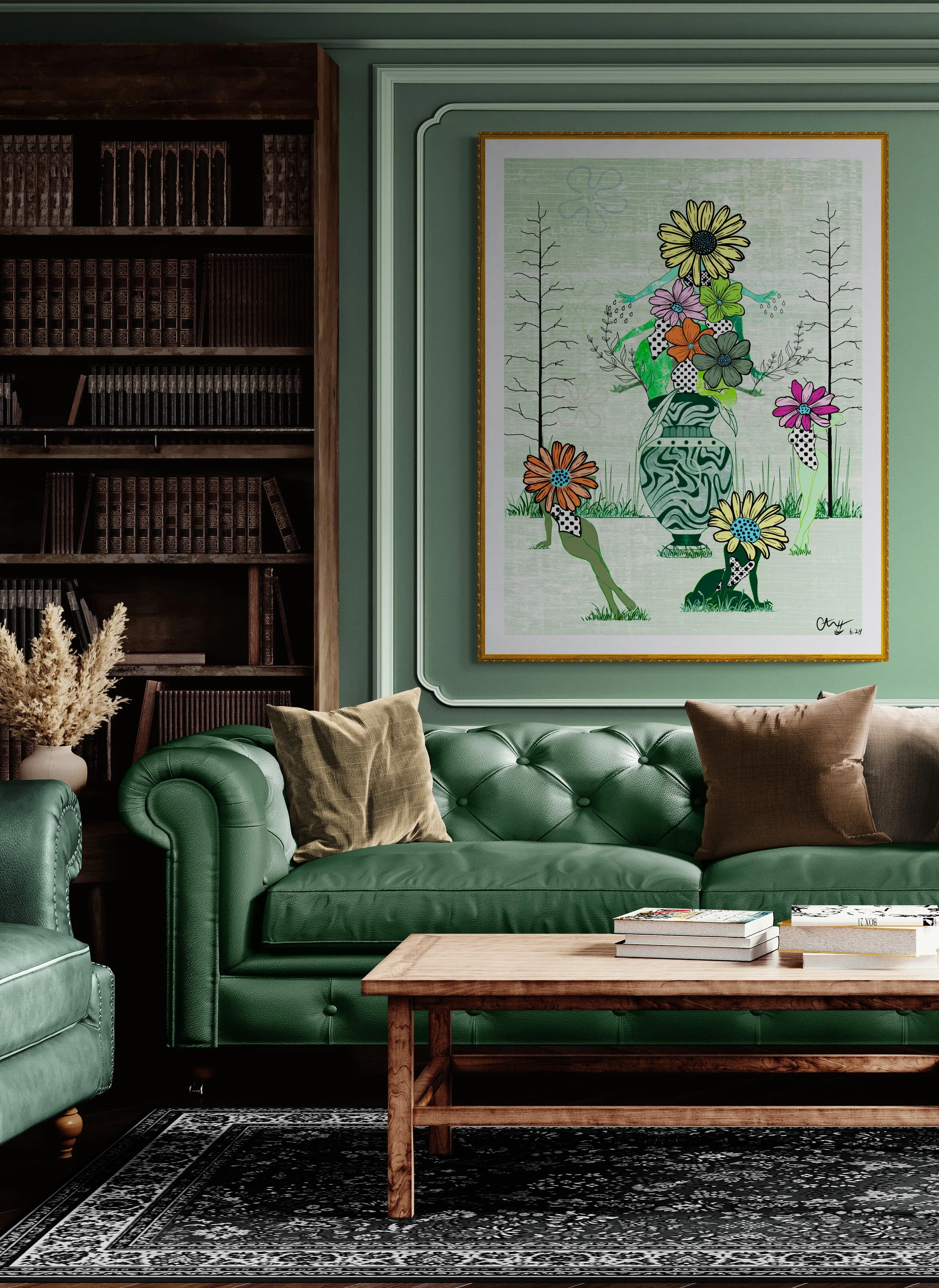 A lush green living room with a dark wooden bookshelf, a green tufted leather sofa with brown and beige pillows, a wooden coffee table, a patterned black and white rug, and a large framed floral artwork on the wall.