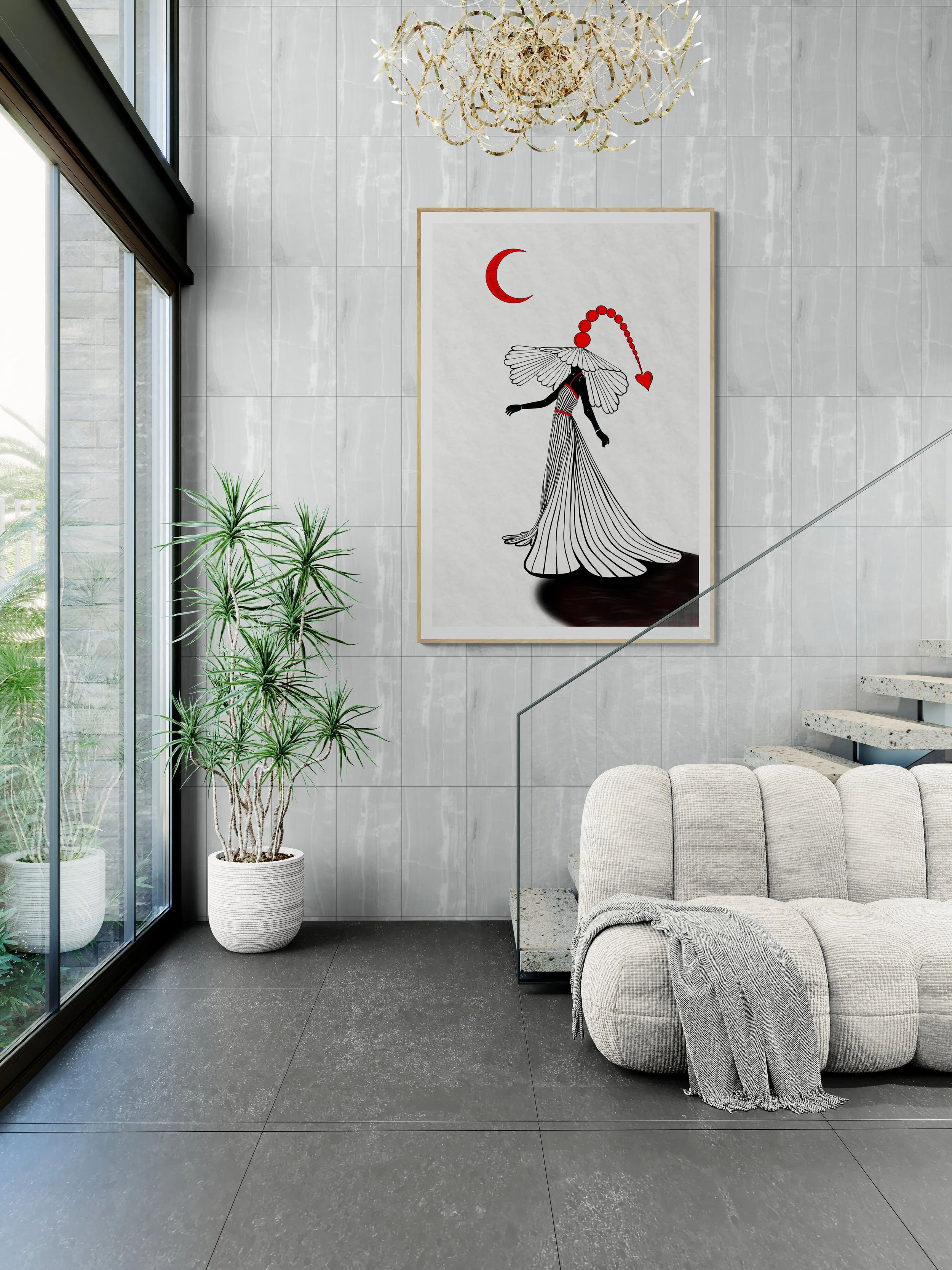 Modern living room with large window, potted plant, abstract art on the wall, and a light-colored, curved sofa with a blanket draped over it.