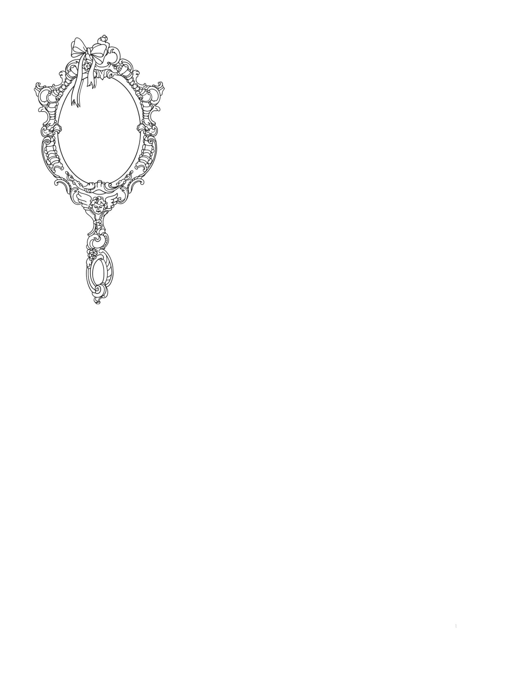 Black silhouette of a vintage ornate hand mirror with a bow at the top, set against a black background.