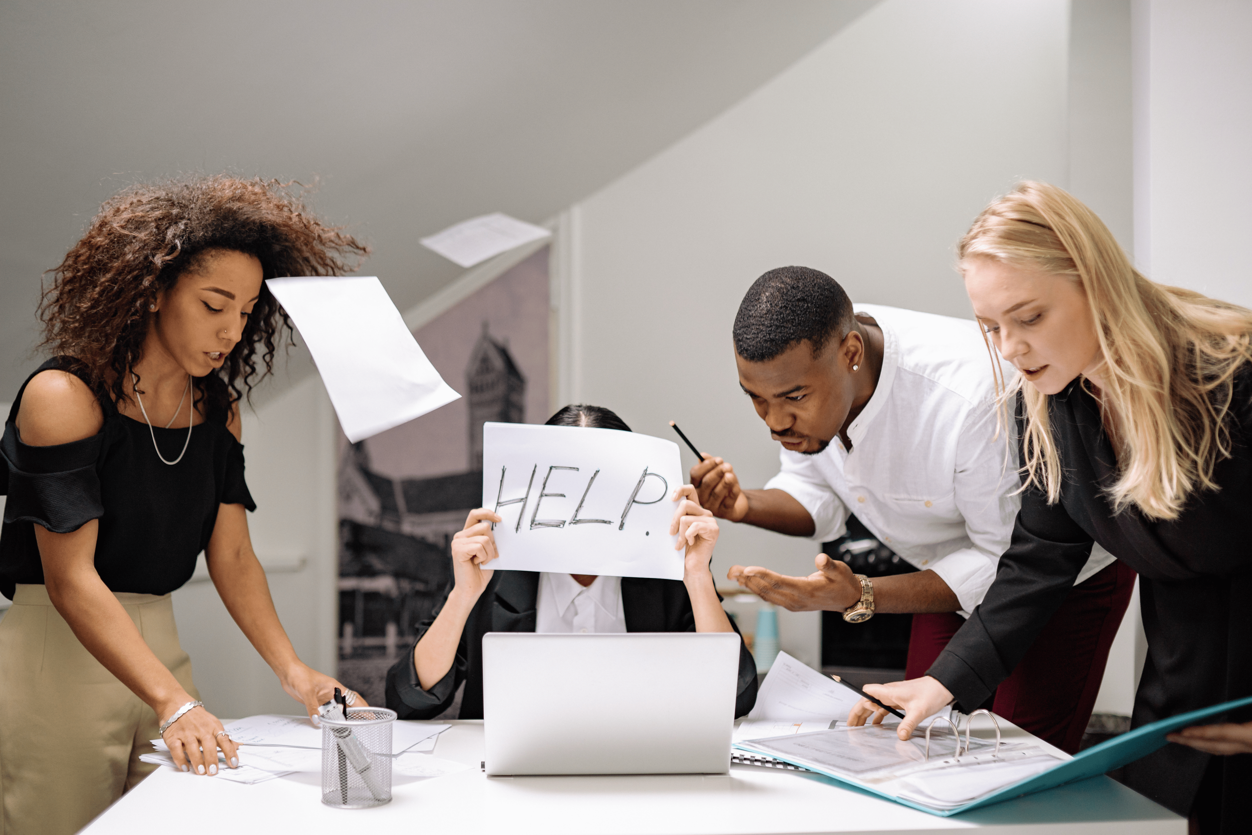 Professionals working in a modern office environment using laptops and collaborating, representing a job search platform.