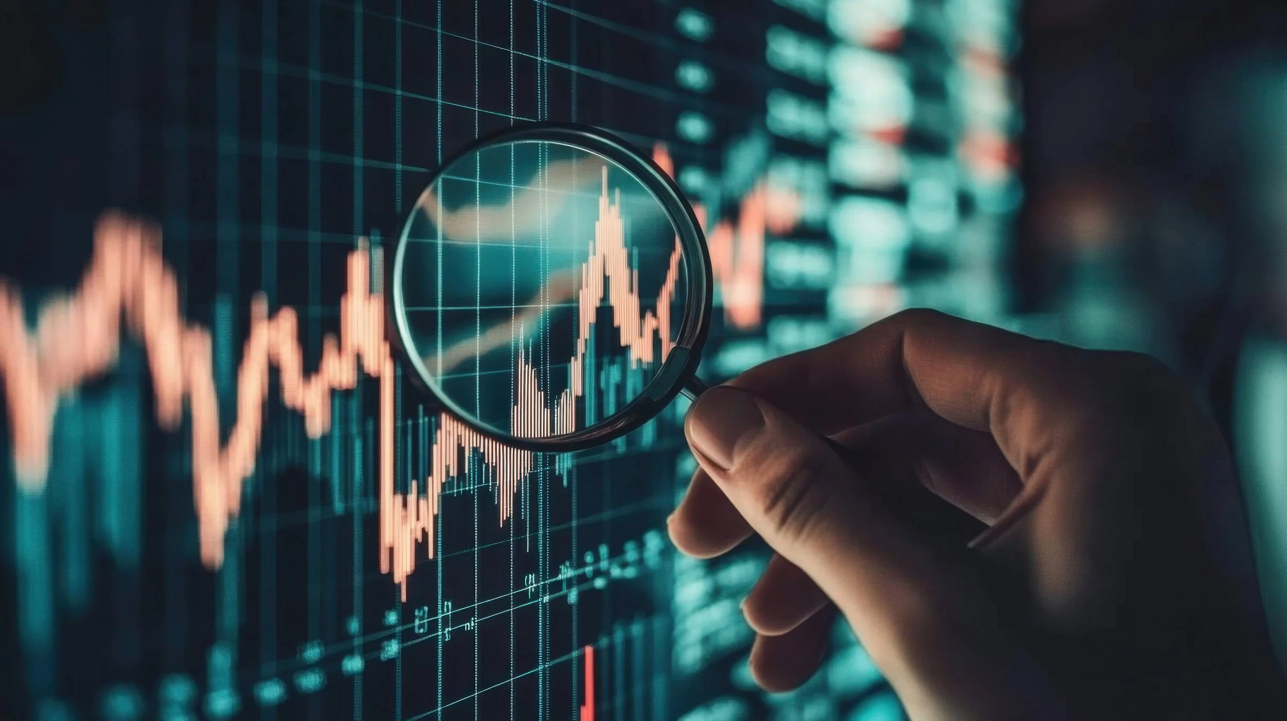 A stock market graph with a magnifying glass
