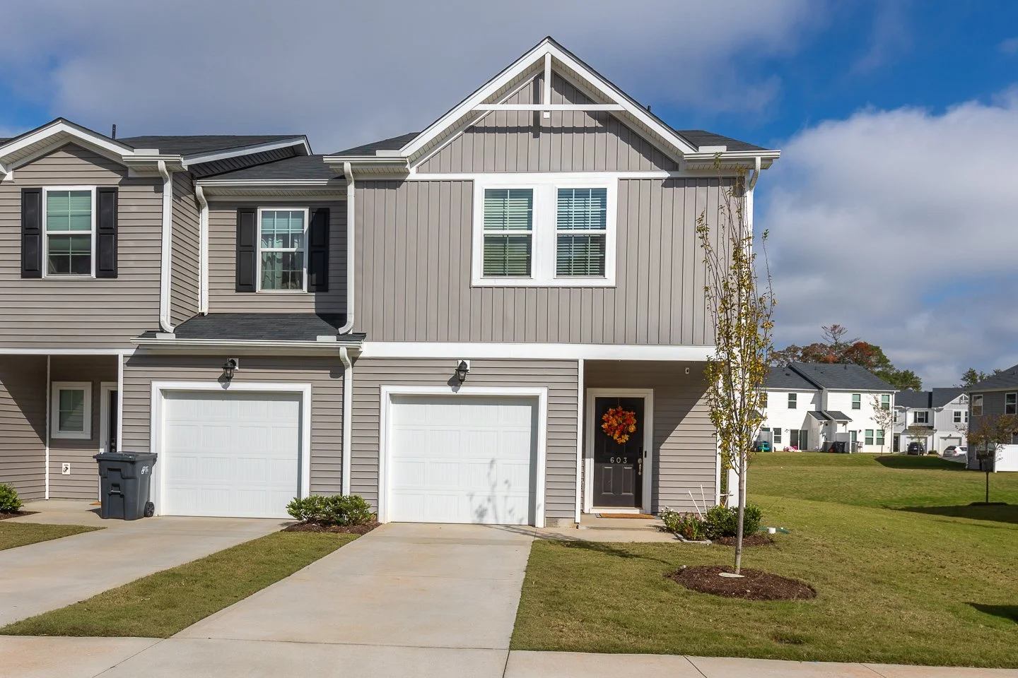 Front view of a two-story suburban house with a gray exterior, black front door with a wreath, two garages, small front yard with young trees, and neighboring houses in the background under a partly cloudy sky.